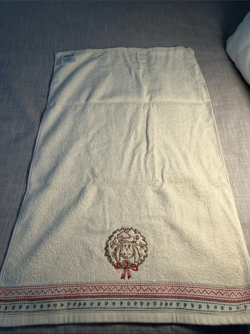 Disney White Hand Towel with Red and Green Holiday Embroidery